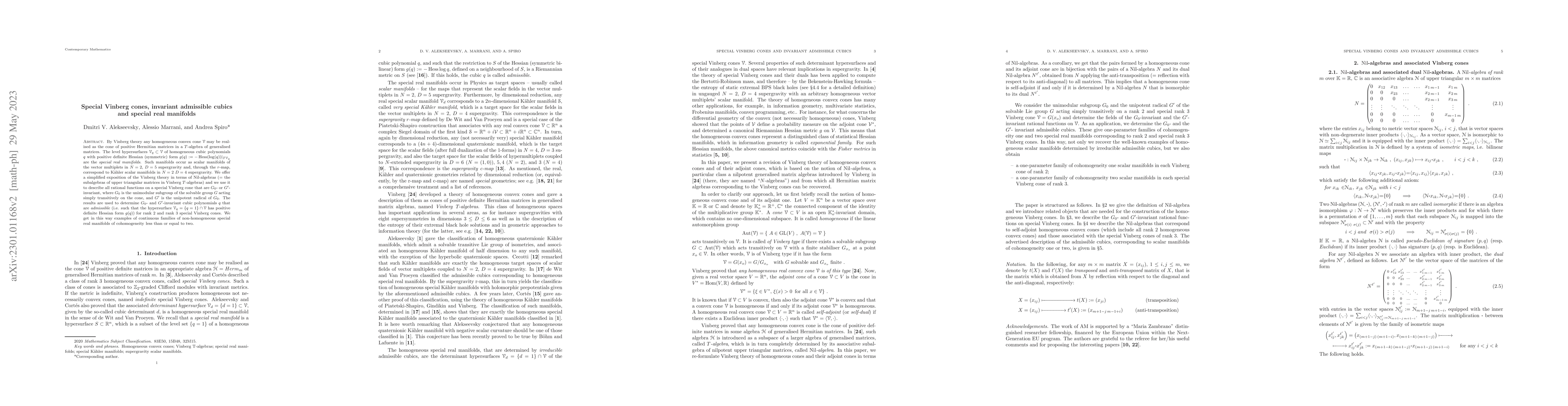 Thumbnail for Special Vinberg cones, invariant admissible cubics and special real
  manifolds