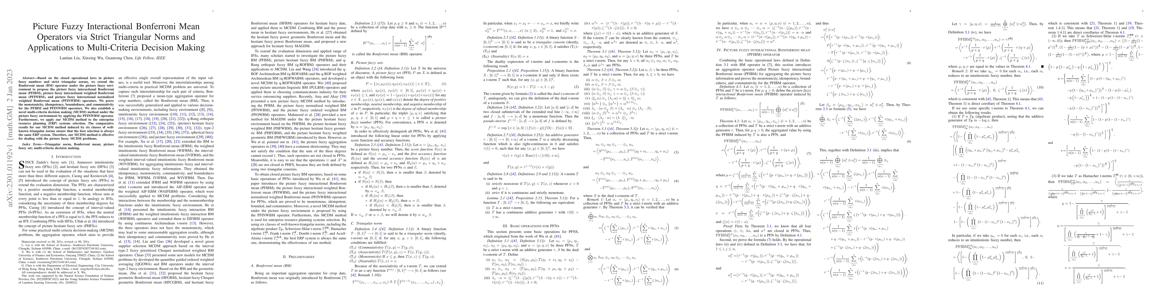 Thumbnail for Picture Fuzzy Interactional Bonferroni Mean Operators via Strict
  Triangular Norms and Applications to Multi-Criteria Decision Making