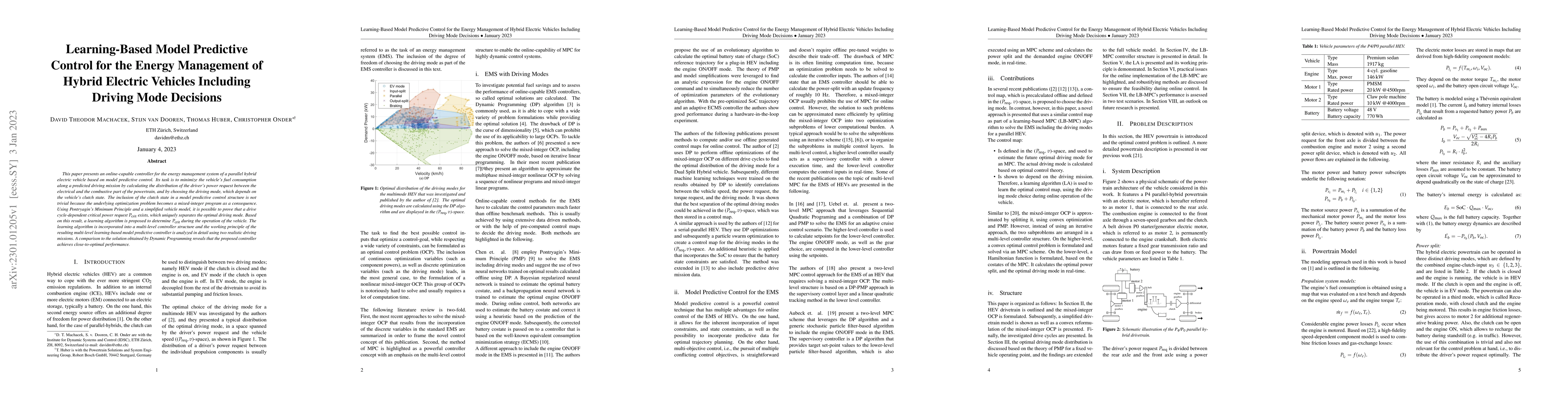 Thumbnail for Learning-Based Model Predictive Control for the Energy Management of
  Hybrid Electric Vehicles Including Driving Mode Decisions