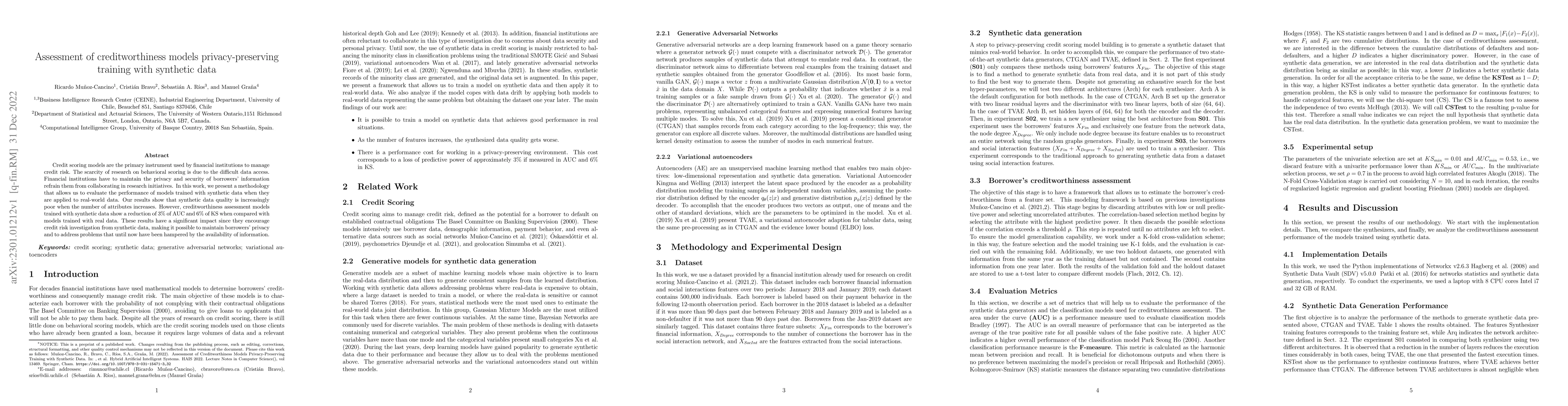 Thumbnail for Assessment of creditworthiness models privacy-preserving training with
  synthetic data