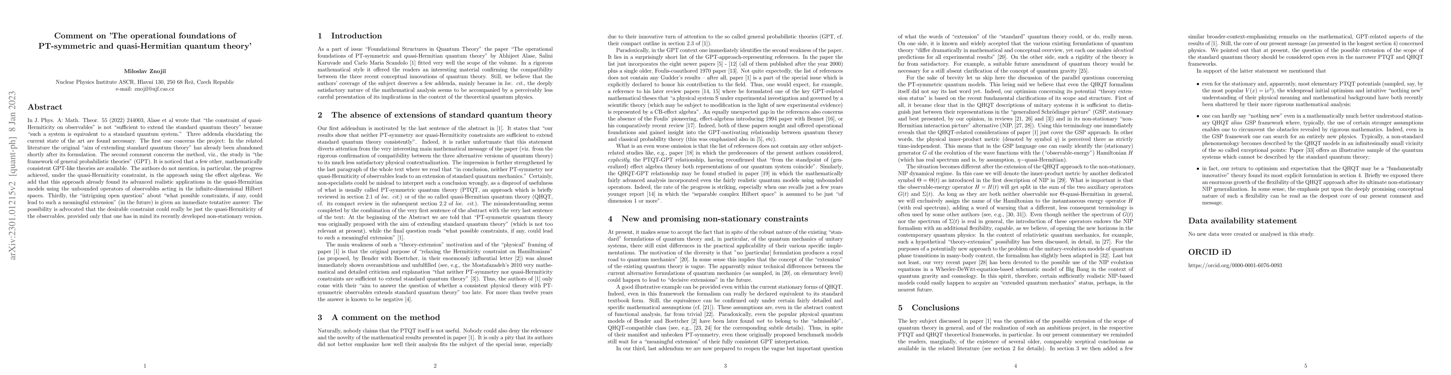 Thumbnail for Comment on 'The operational foundations of PT-symmetric and
  quasi-Hermitian quantum theory'