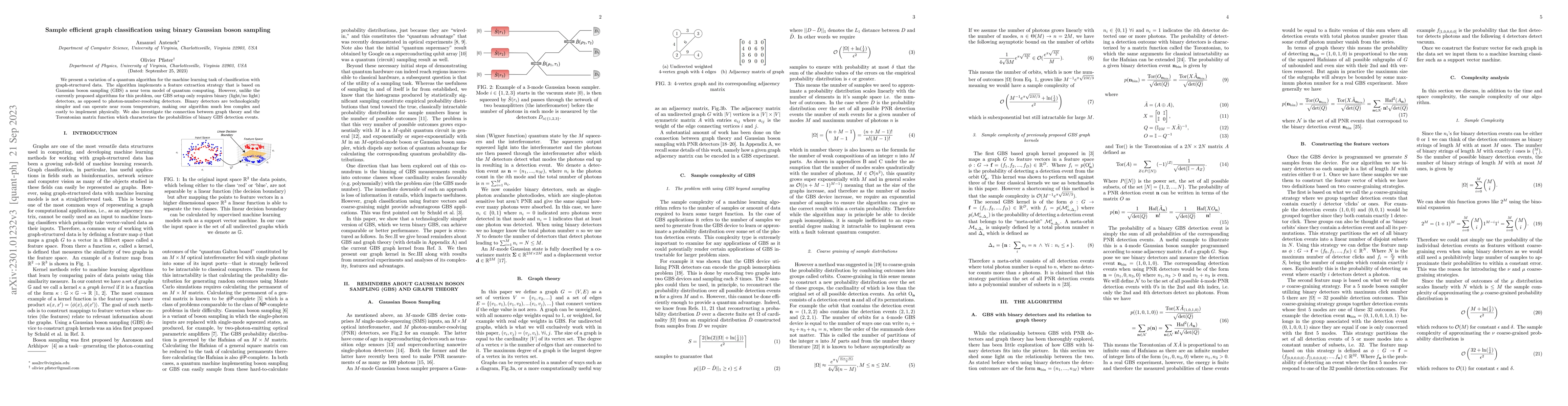 Thumbnail for Sample efficient graph classification using binary Gaussian boson
  sampling