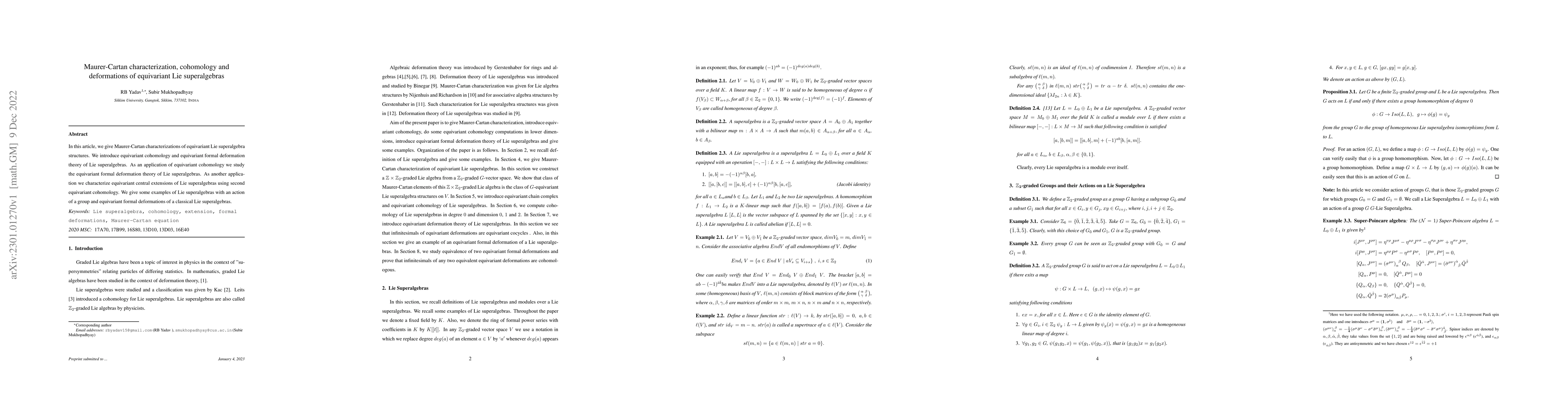 Thumbnail for Maurer-Cartan characterization, cohomology and deformations of
  equivariant Lie superalgebras
