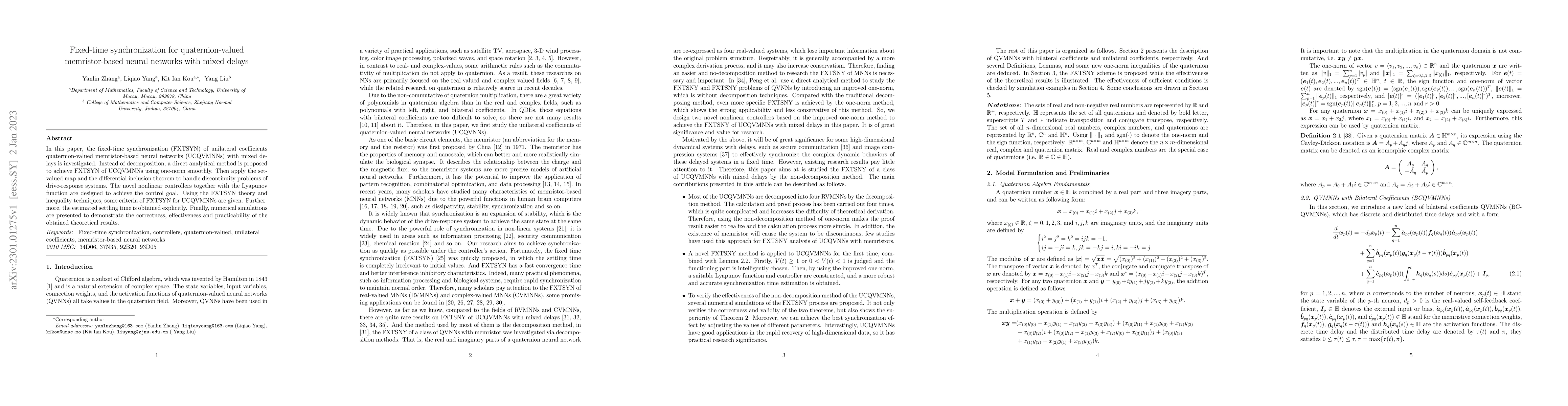 Thumbnail for Fixed-time synchronization for quaternion-valued memristor-based neural
  networks with mixed delays