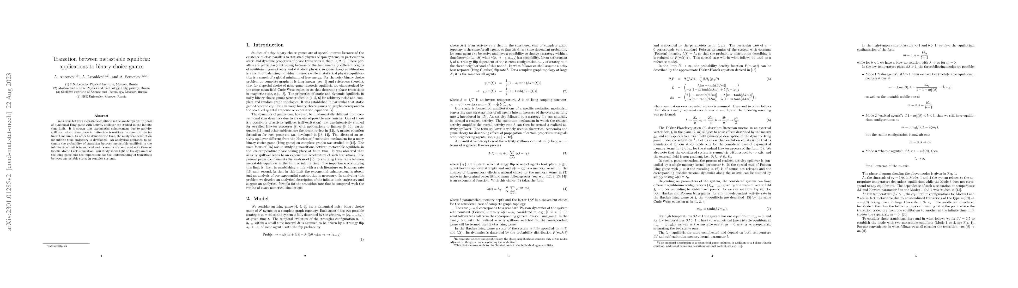 Thumbnail for Transition between metastable equilibria: applications to binary-choice
  games
