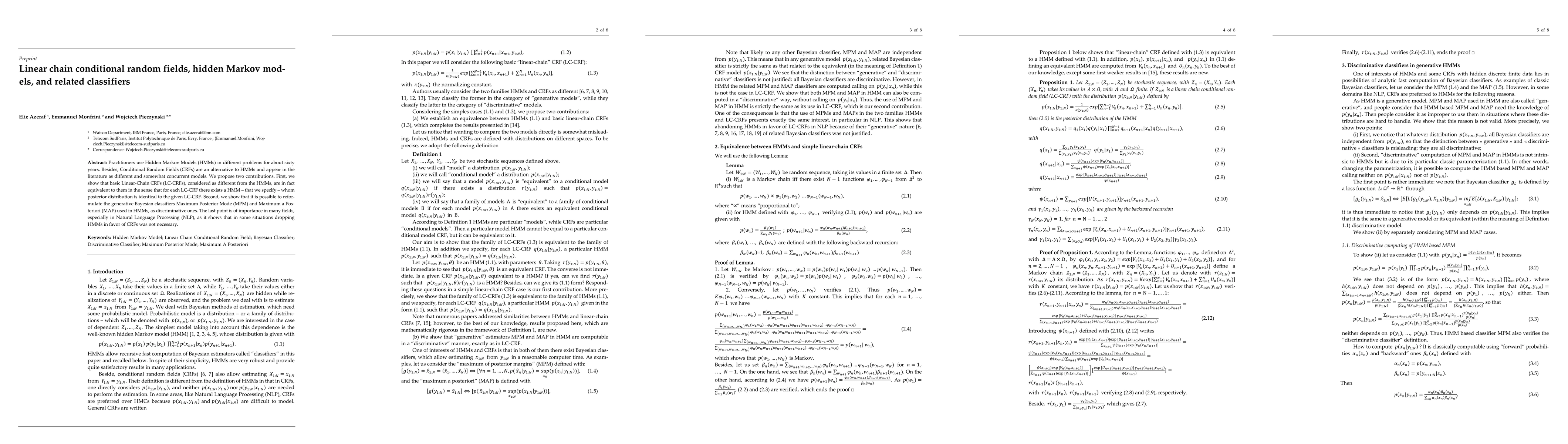 Thumbnail for Linear chain conditional random fields, hidden Markov models, and
  related classifiers