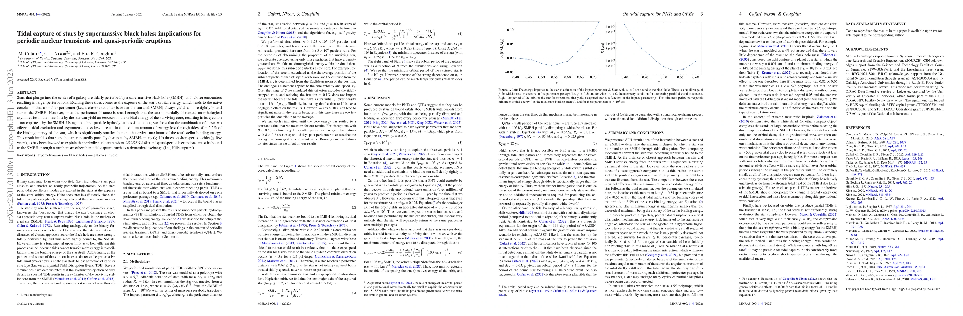 Thumbnail for Tidal capture of stars by supermassive black holes: implications for
  periodic nuclear transients and quasi-periodic eruptions