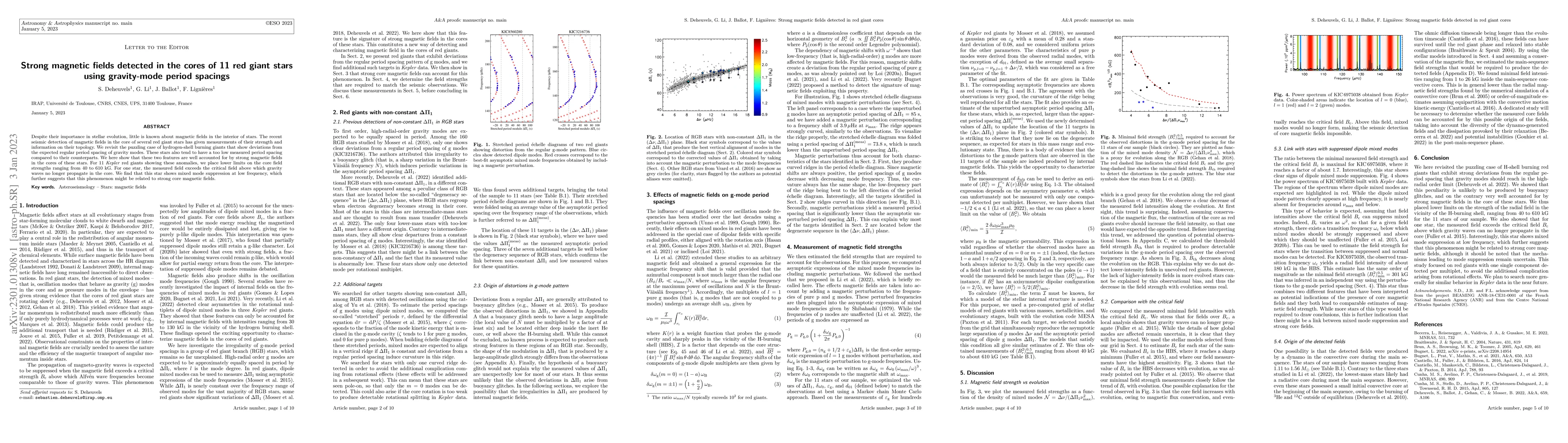 Thumbnail for Strong magnetic fields detected in the cores of 11 red giant stars using
  gravity-mode period spacings