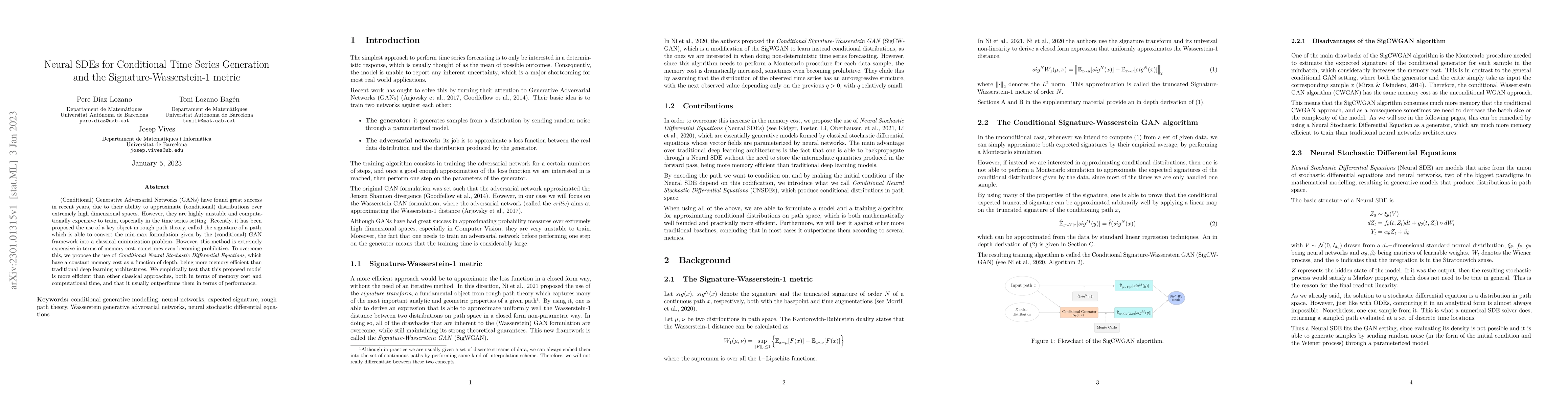 Thumbnail for Neural SDEs for Conditional Time Series Generation and the
  Signature-Wasserstein-1 metric