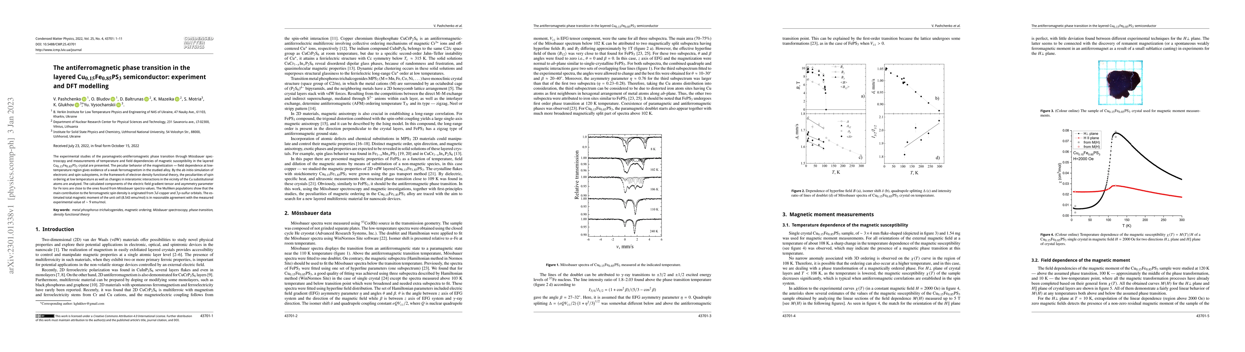 Thumbnail for The antiferromagnetic phase transition in the layered
  Cu$_{0.15}$Fe$_{0.85}$PS$_3$ semiconductor: experiment and DFT modelling