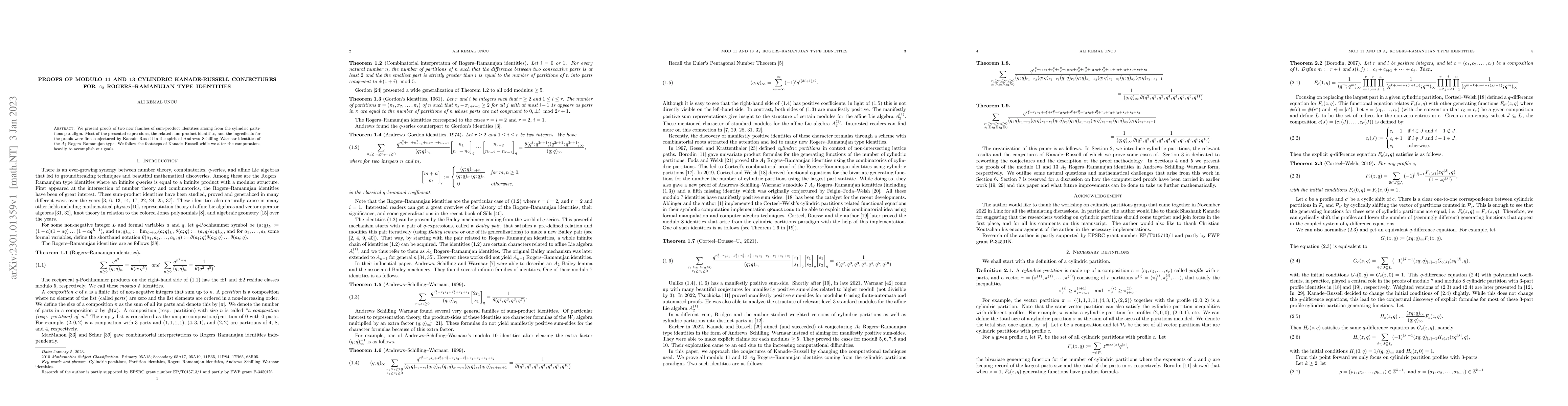 Thumbnail for Proofs of Modulo 11 and 13 Cylindric Kanade-Russell Conjectures for
  $A_2$ Rogers-Ramanujan Type Identities