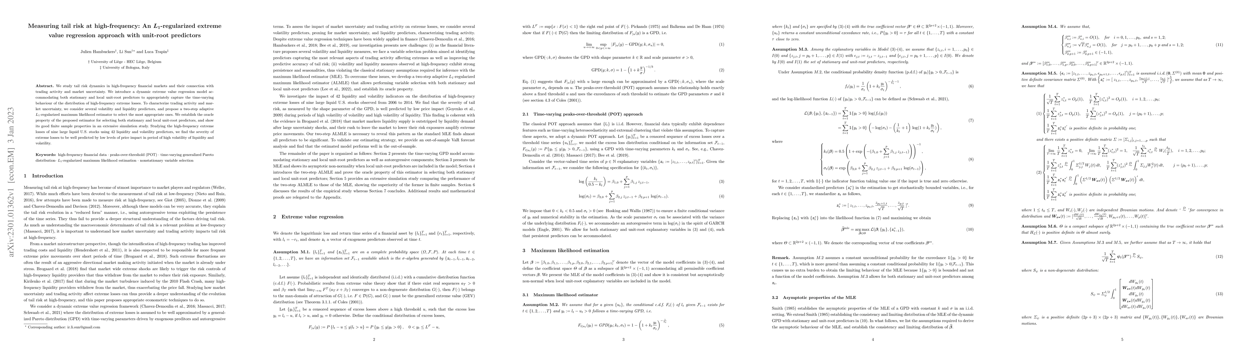 Thumbnail for Measuring tail risk at high-frequency: An $L_1$-regularized extreme
  value regression approach with unit-root predictors