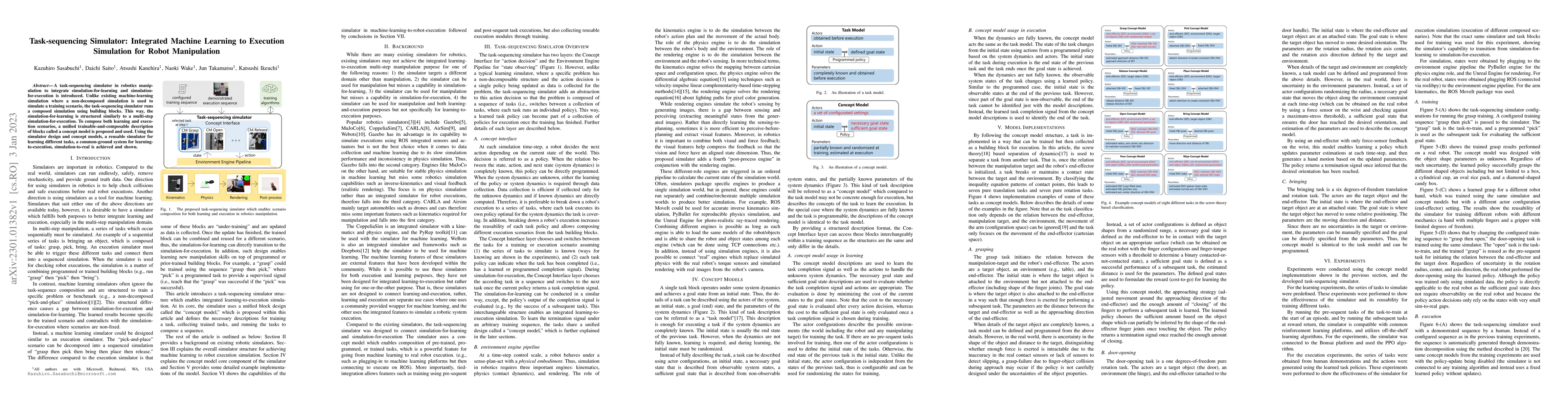 Thumbnail for Task-sequencing Simulator: Integrated Machine Learning to Execution
  Simulation for Robot Manipulation