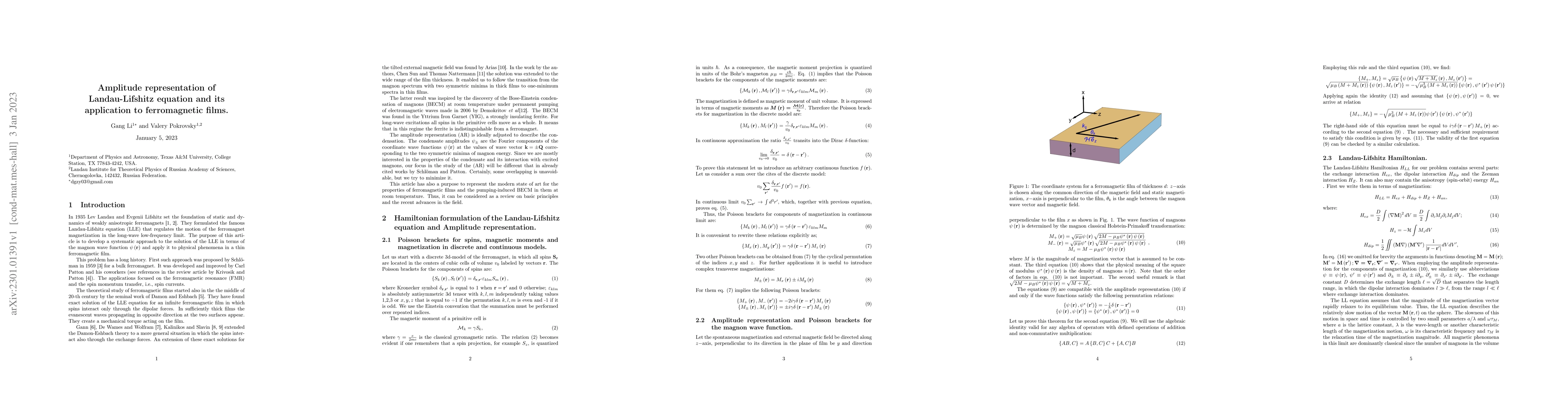 Thumbnail for Amplitude representation of Landau-Lifshitz equation and its application
  to ferromagnetic films