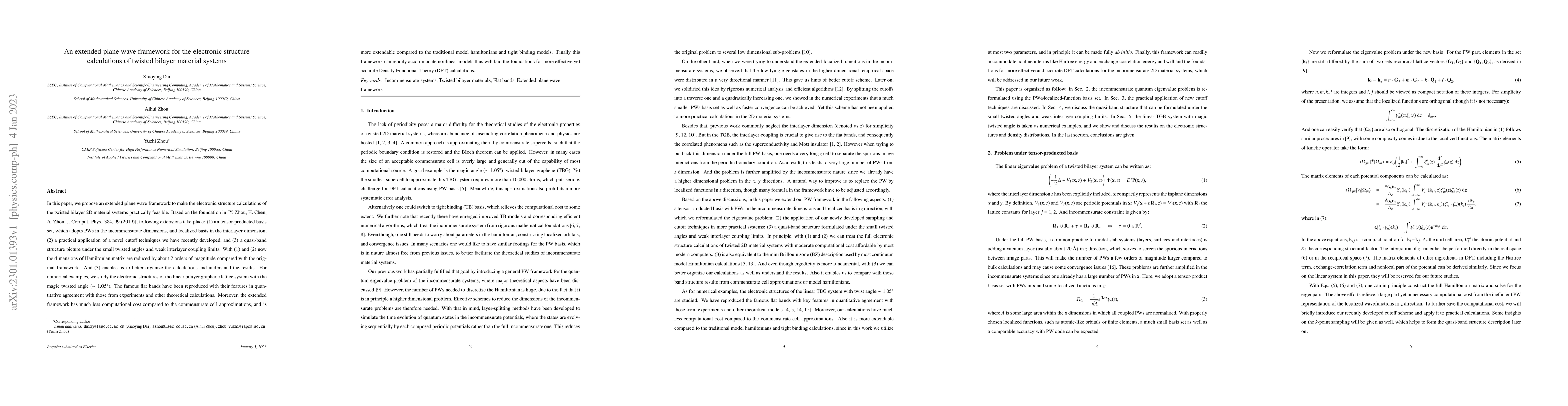 Thumbnail for An extended plane wave framework for the electronic structure
  calculations of twisted bilayer material systems