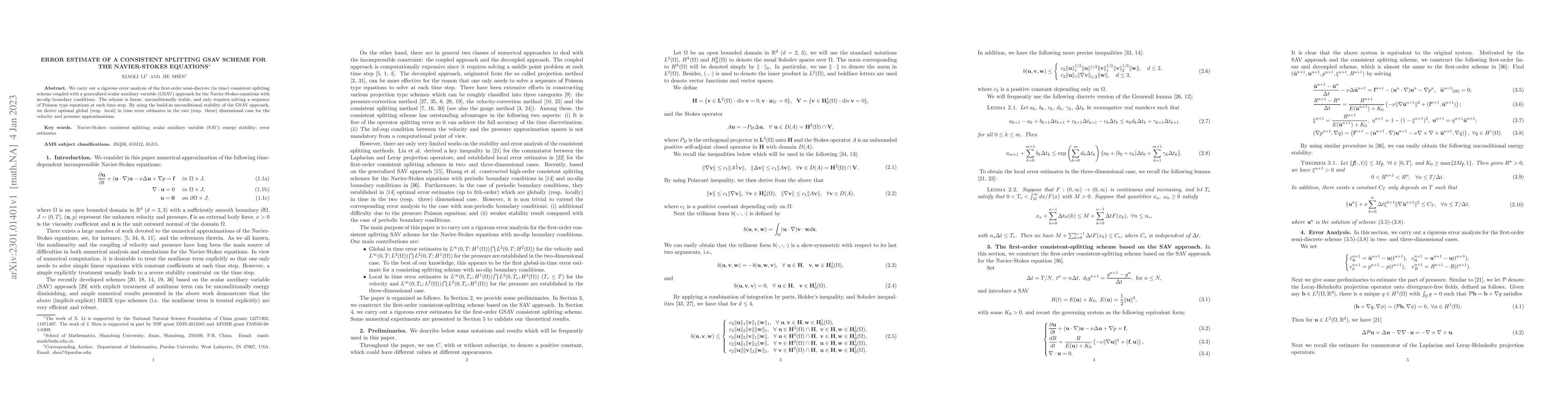 Thumbnail for Error estimate of a consistent splitting GSAV scheme for the
  Navier-Stokes equations