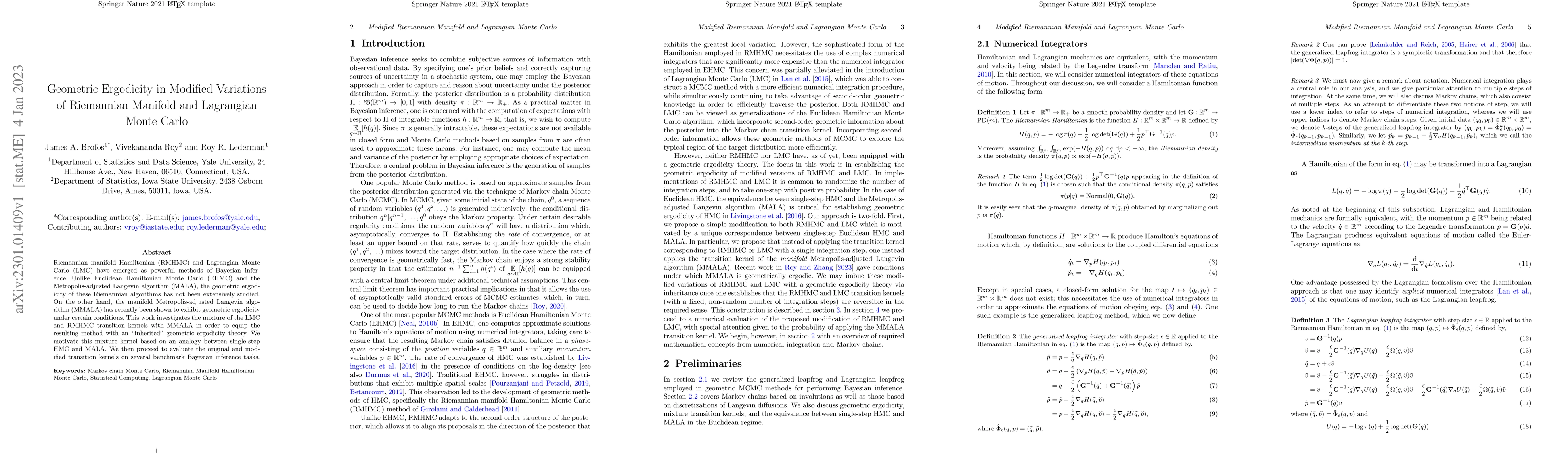 Thumbnail for Geometric Ergodicity in Modified Variations of Riemannian Manifold and
  Lagrangian Monte Carlo