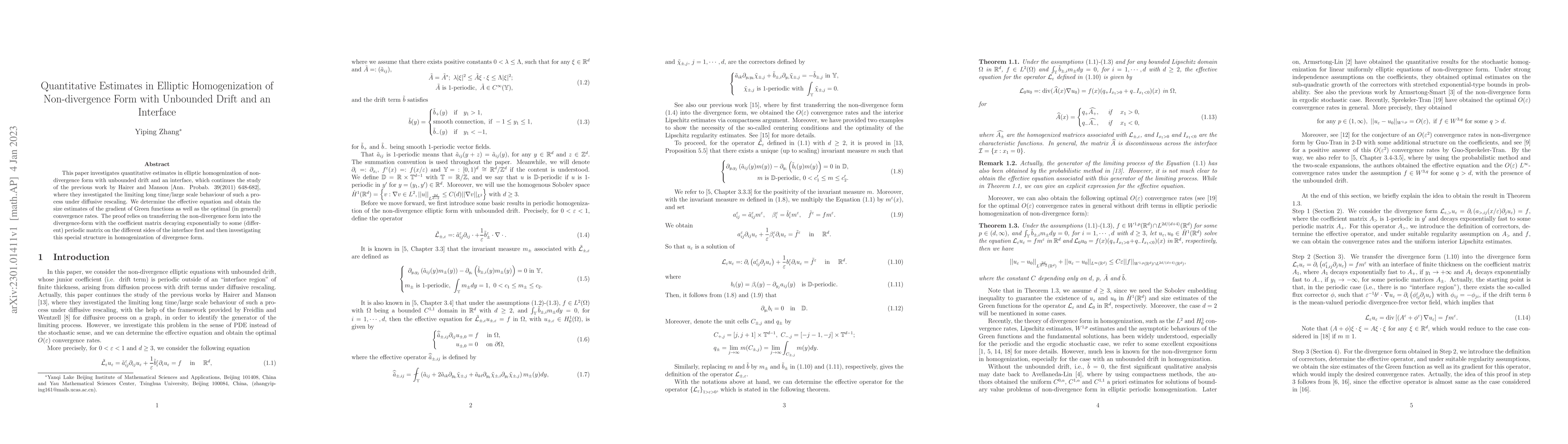 Thumbnail for Quantitative Estimates in Elliptic Homogenization of Non-divergence Form
  with Unbounded Drift and an Interface