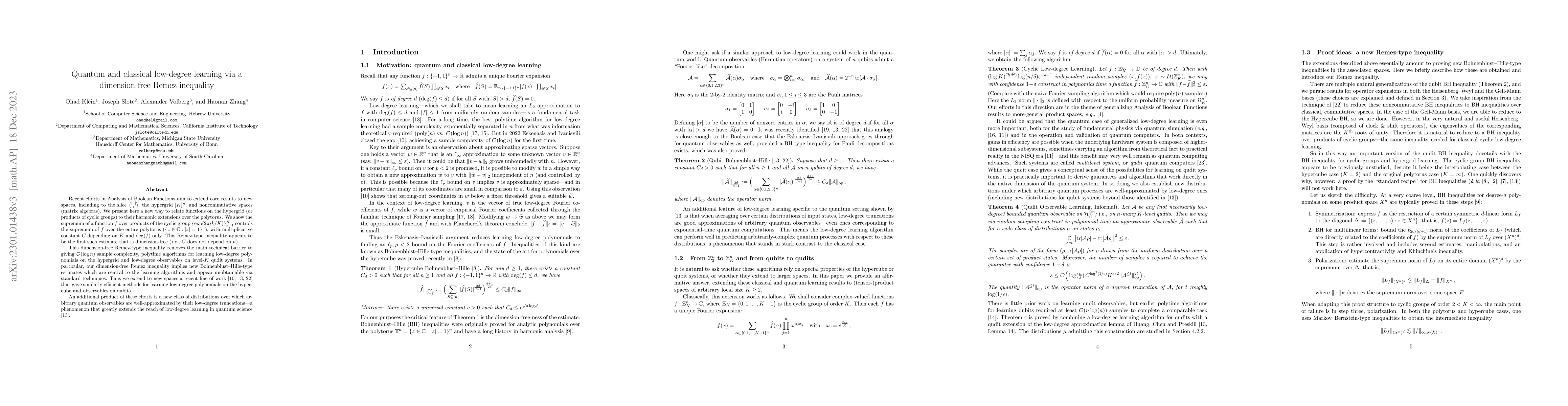 Thumbnail for Quantum and classical low-degree learning via a dimension-free Remez
  inequality