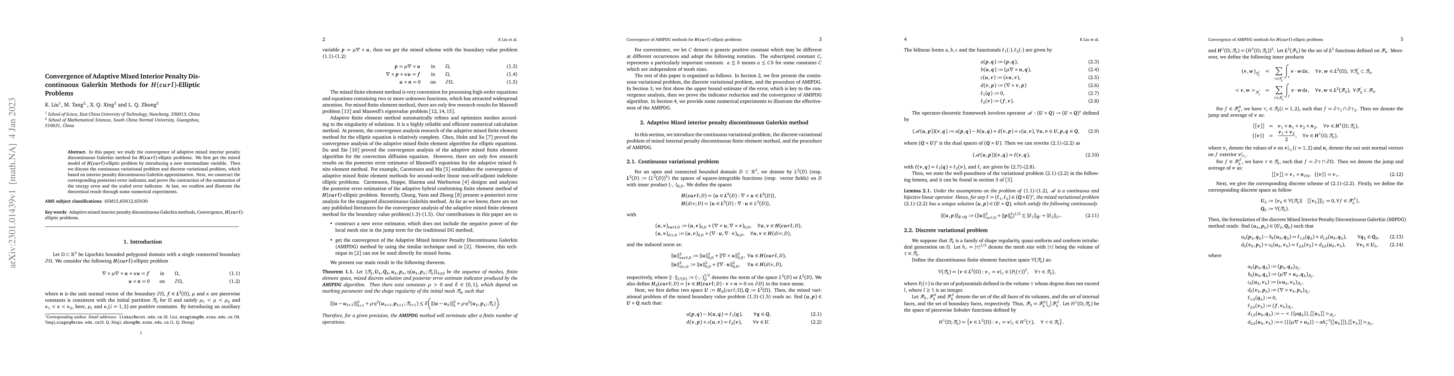 Thumbnail for Convergence of Adaptive Mixed Interior Penalty Discontinuous Galerkin
  Methods for H(curl)-Elliptic Problems