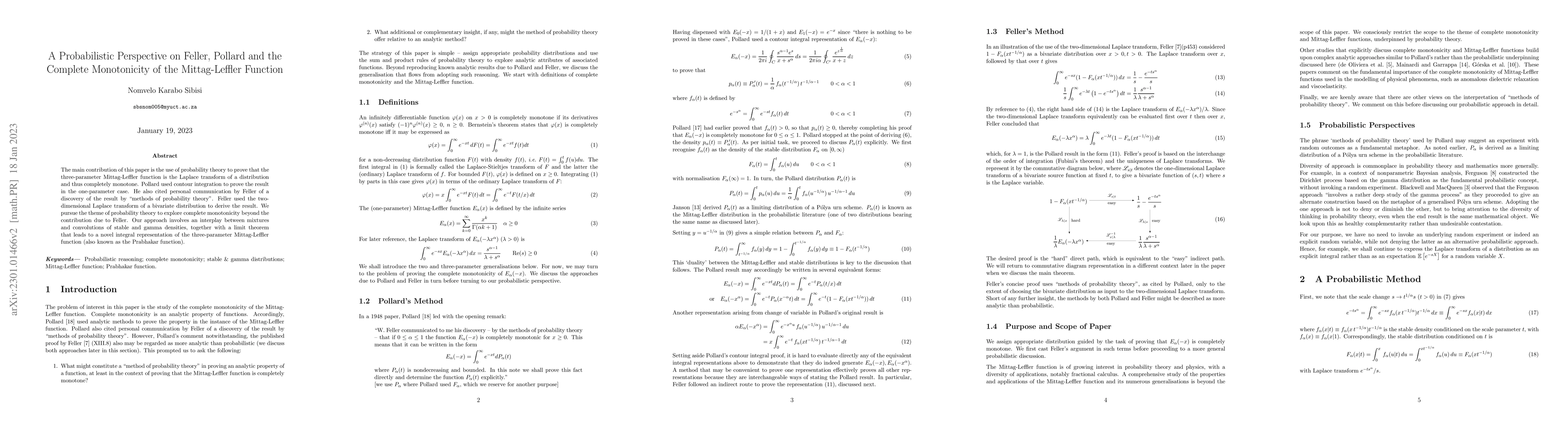 Thumbnail for A Probabilistic Perspective on Feller, Pollard and the Complete
  Monotonicity of the Mittag-Leffler Function