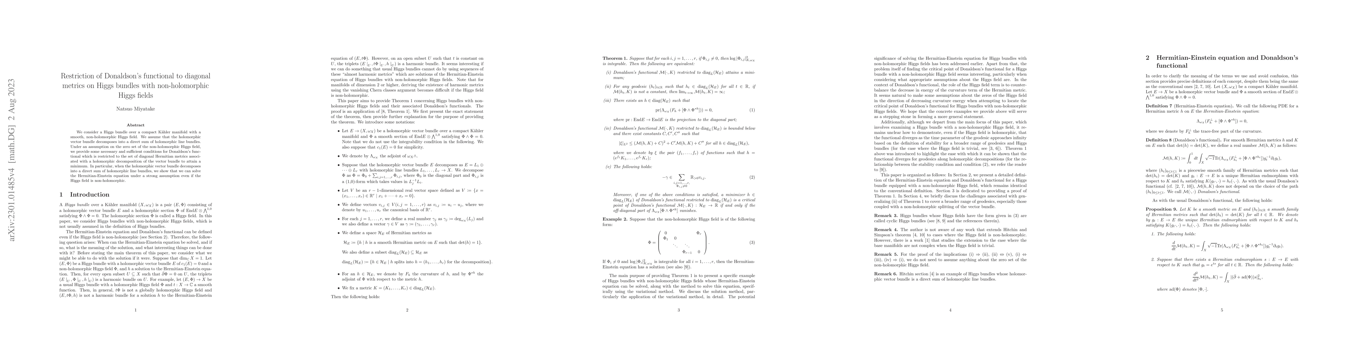 Thumbnail for Restriction of Donaldson's functional to diagonal metrics on Higgs
  bundles with non-holomorphic Higgs fields