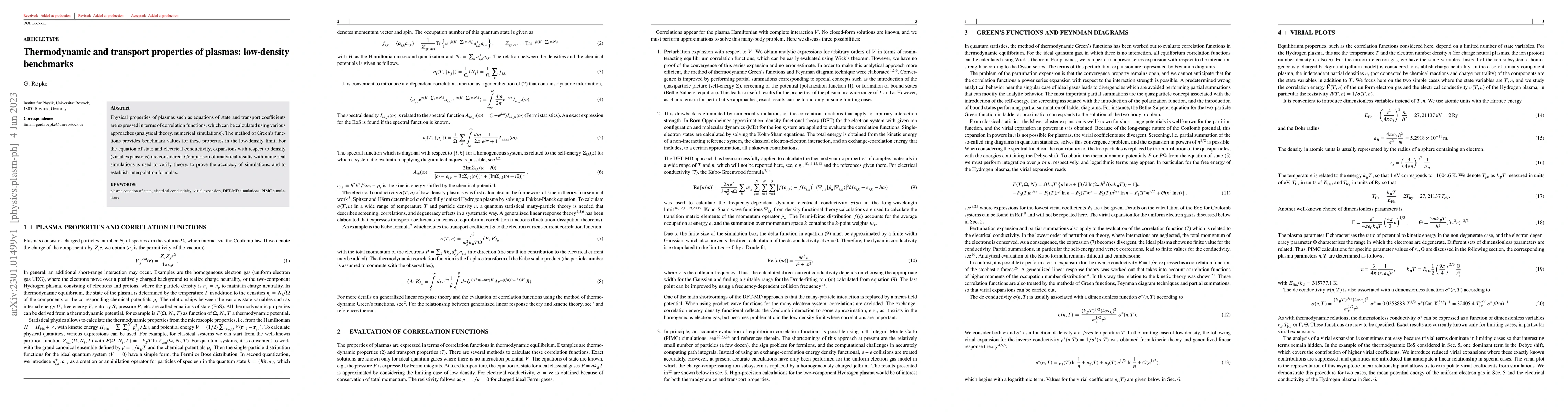 Thumbnail for Thermodynamic and transport properties of plasmas: low-density
  benchmarks