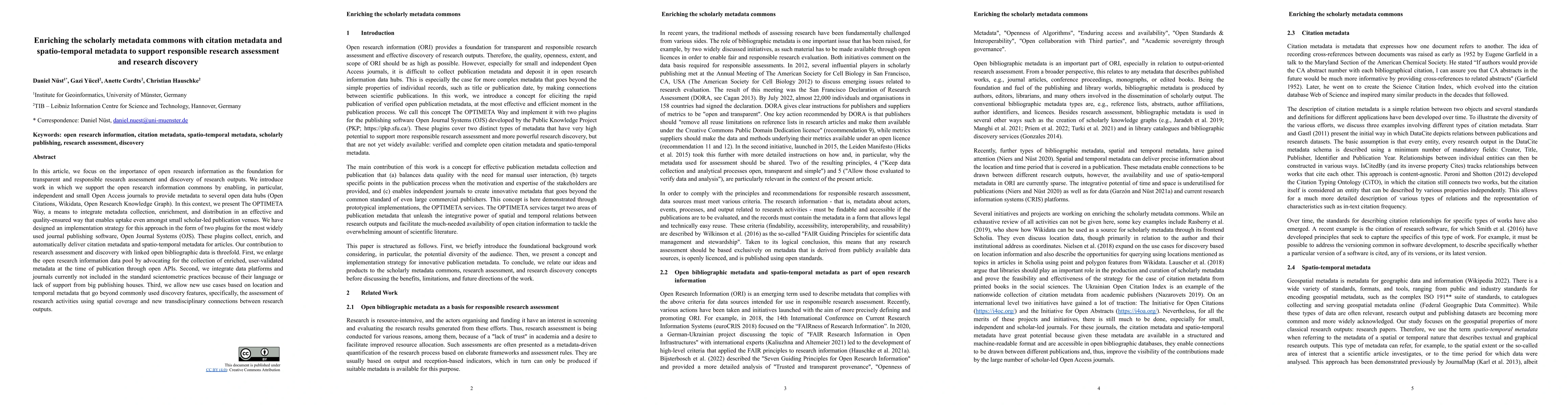 Thumbnail for Enriching the scholarly metadata commons with citation metadata and
  spatio-temporal metadata to support responsible research assessment and
  research discovery