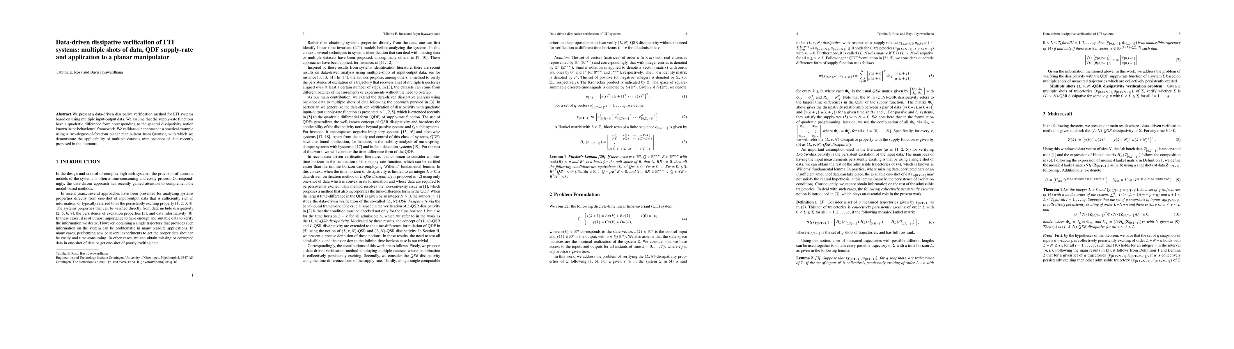 Thumbnail for Data-driven dissipative verification of LTI systems: multiple shots of
  data, QDF supply-rate and application to a planar manipulator