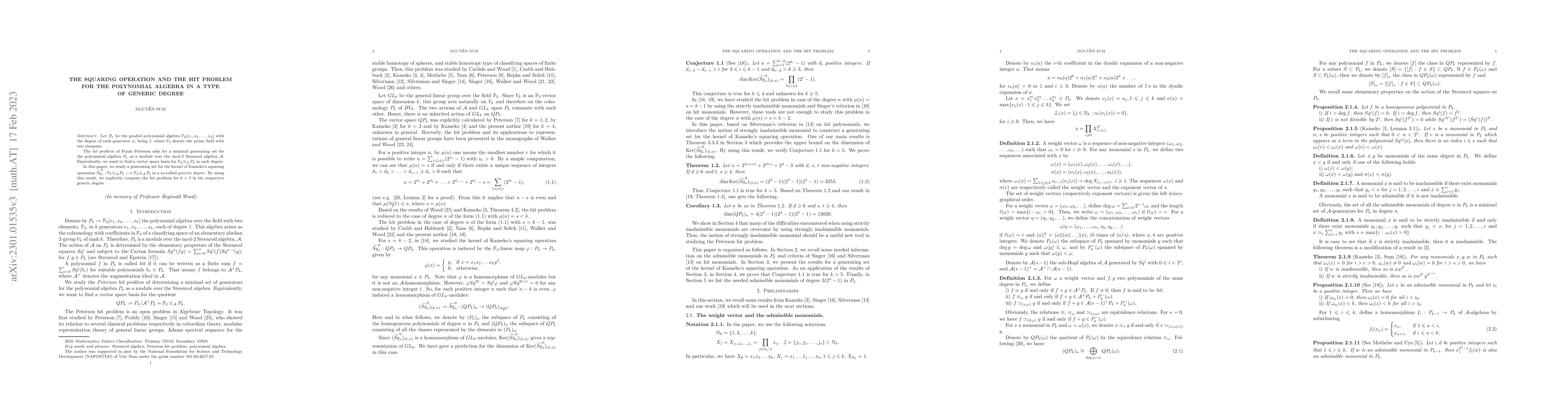 Thumbnail for The squaring operation and the hit problem for the polynomial algebra in
  a type of generic degree