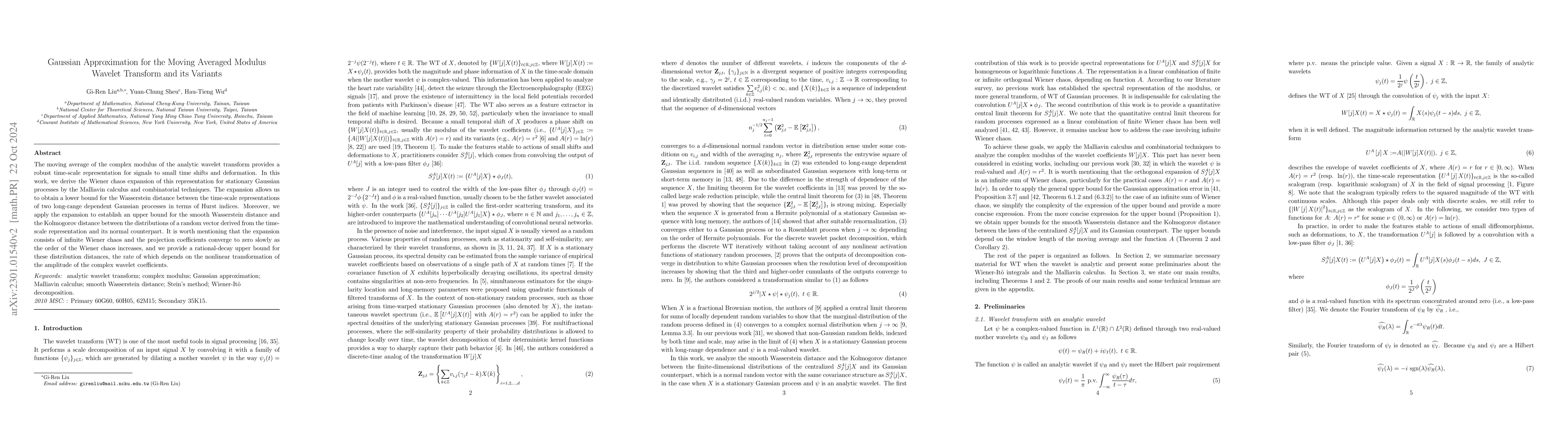 Thumbnail for Gaussian Approximation for the Moving Averaged Modulus Wavelet Transform
  and its Variants
