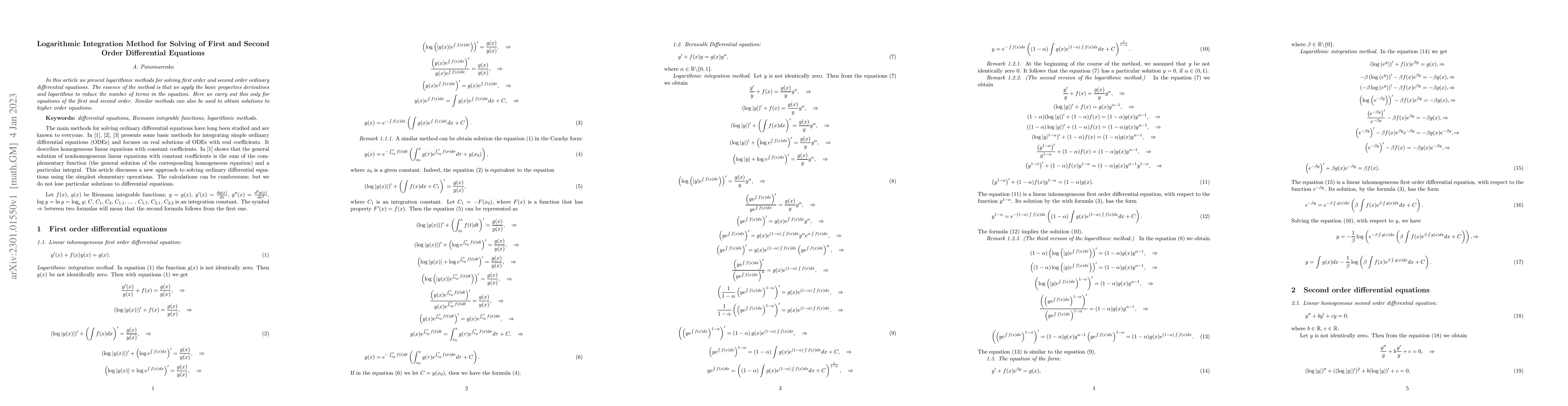 Thumbnail for Logarithmic Integration Method for Solving of First and Second Order
  Differential Equations