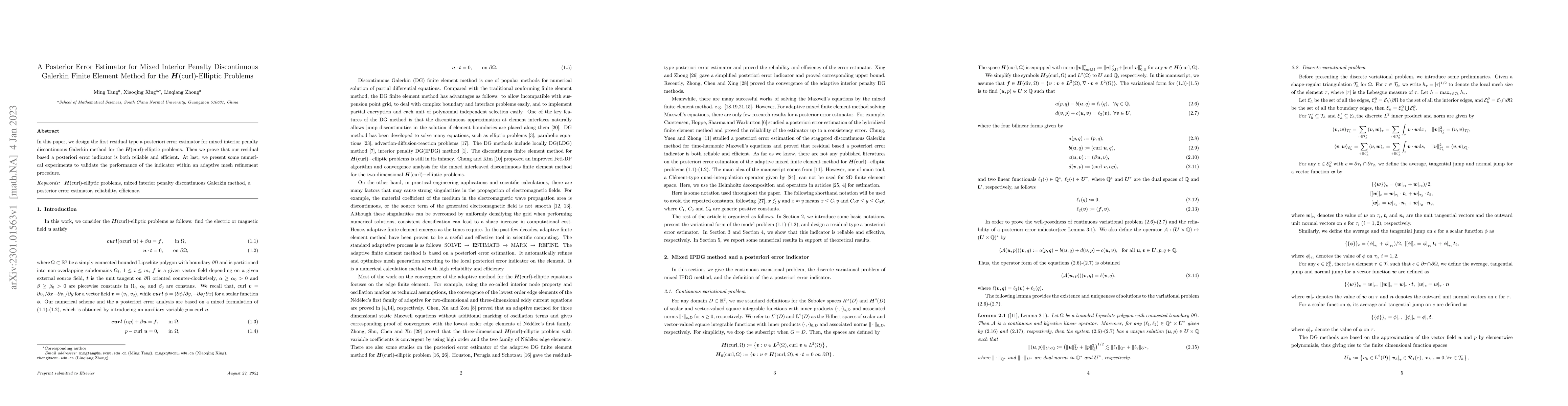 Thumbnail for A Posterior Error Estimator for Mixed Interior Penalty Discontinuous
  Galerkin Finite Element Method for the H(curl)-Elliptic Problems