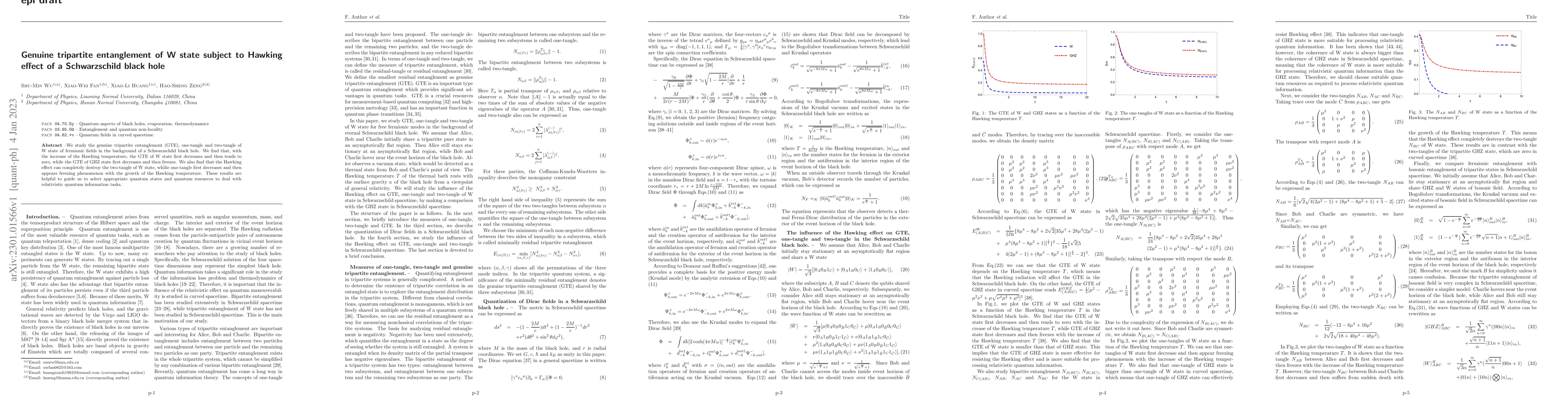Thumbnail for Genuine tripartite entanglement of W state subject to Hawking effect of
  a Schwarzschild black hole