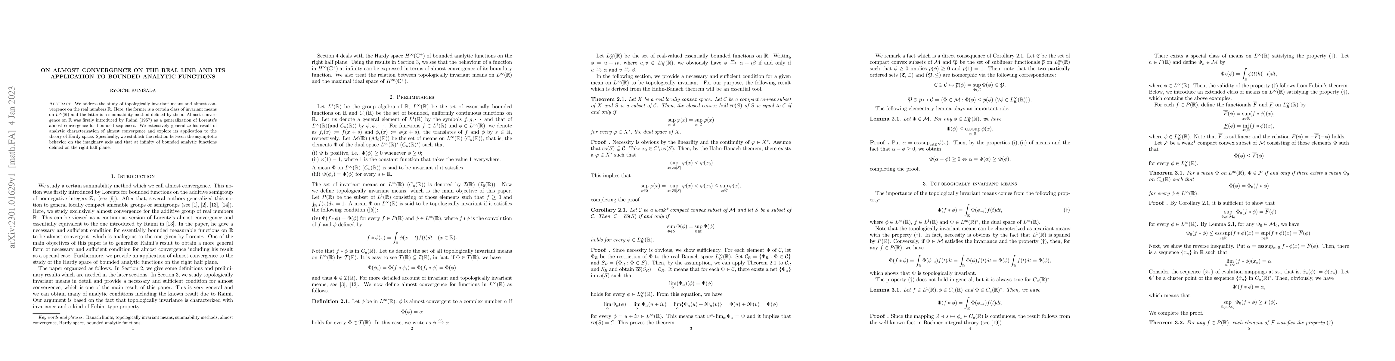Thumbnail for On Almost convergence on the real line and its application to bounded
  analytic functions