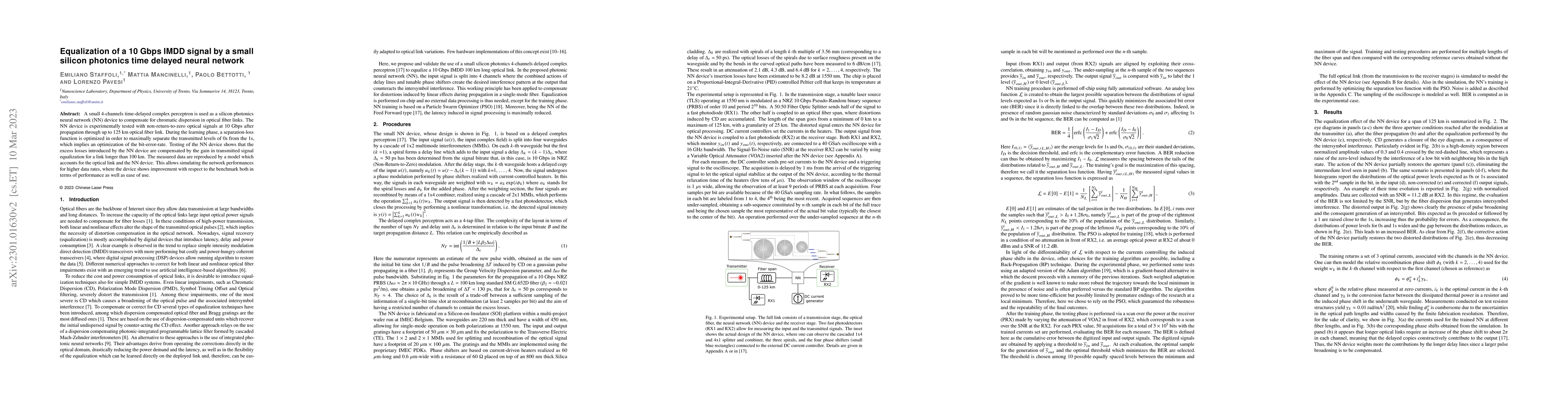 Thumbnail for Equalization of a 10 Gbps IMDD signal by a small silicon photonics time
  delayed neural network