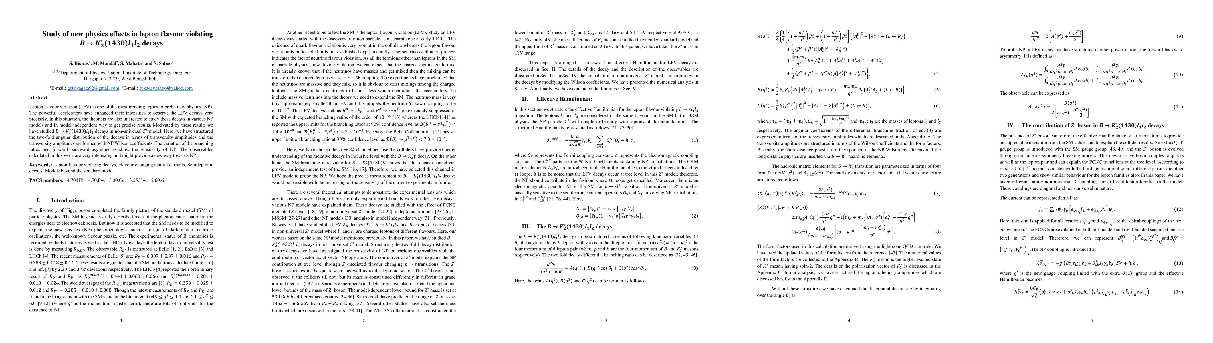 Thumbnail for Study of new physics effects in lepton flavour violating B decays into
  K2^star(1430)l1 l2