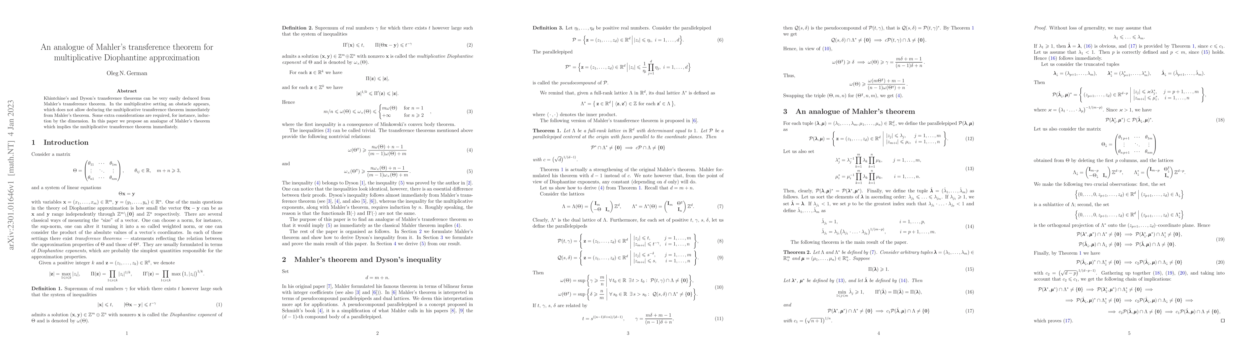 Thumbnail for An analogue of Mahler's transference theorem for multiplicative
  Diophantine approximation