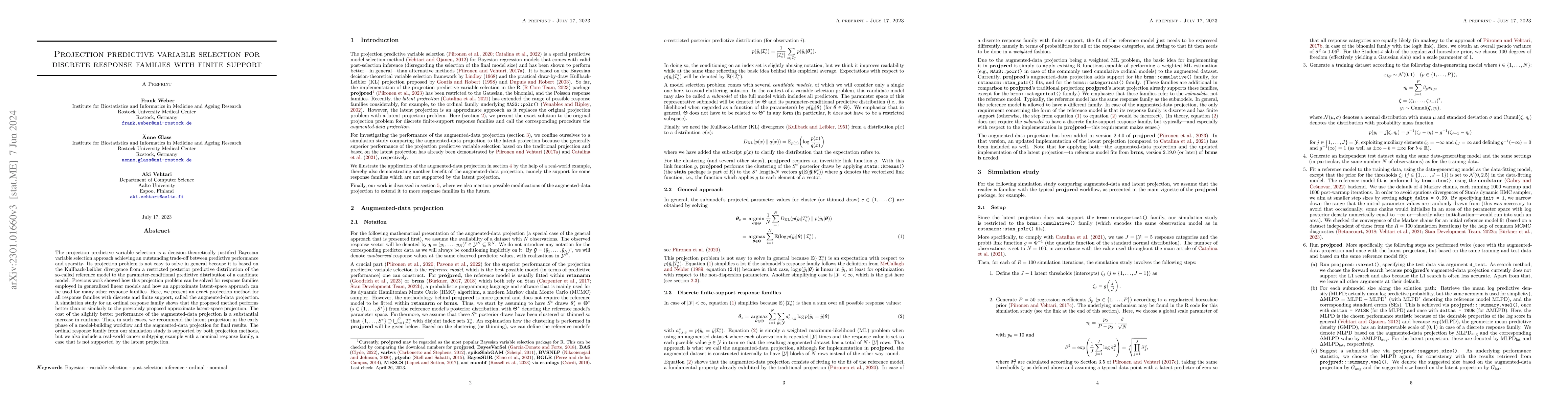 Thumbnail for Projection predictive variable selection for discrete response families
  with finite support