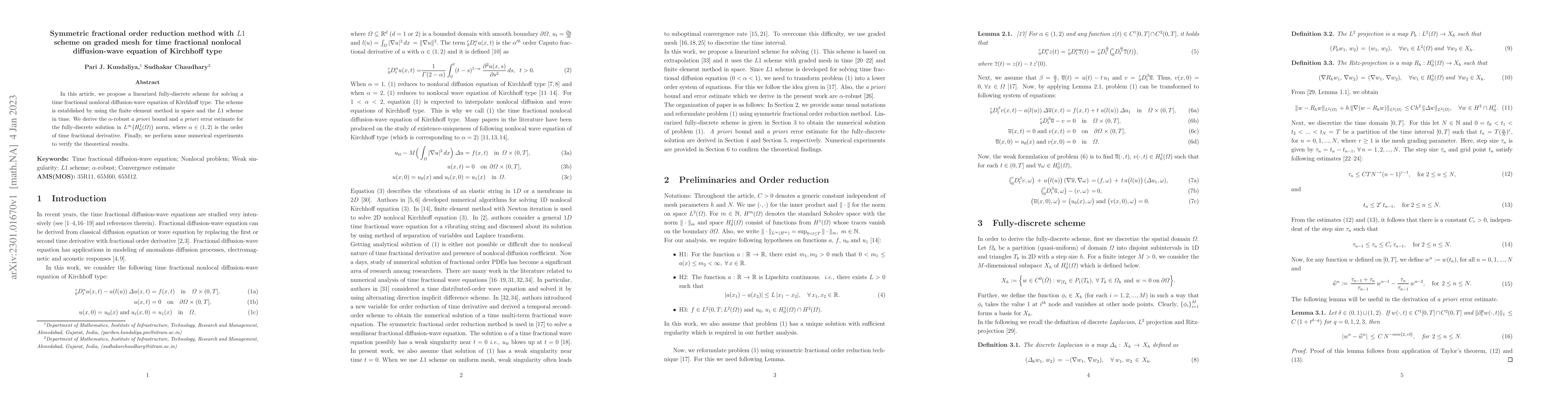 Thumbnail for Symmetric fractional order reduction method with $L1$ scheme on graded
  mesh for time fractional nonlocal diffusion-wave equation of Kirchhoff type