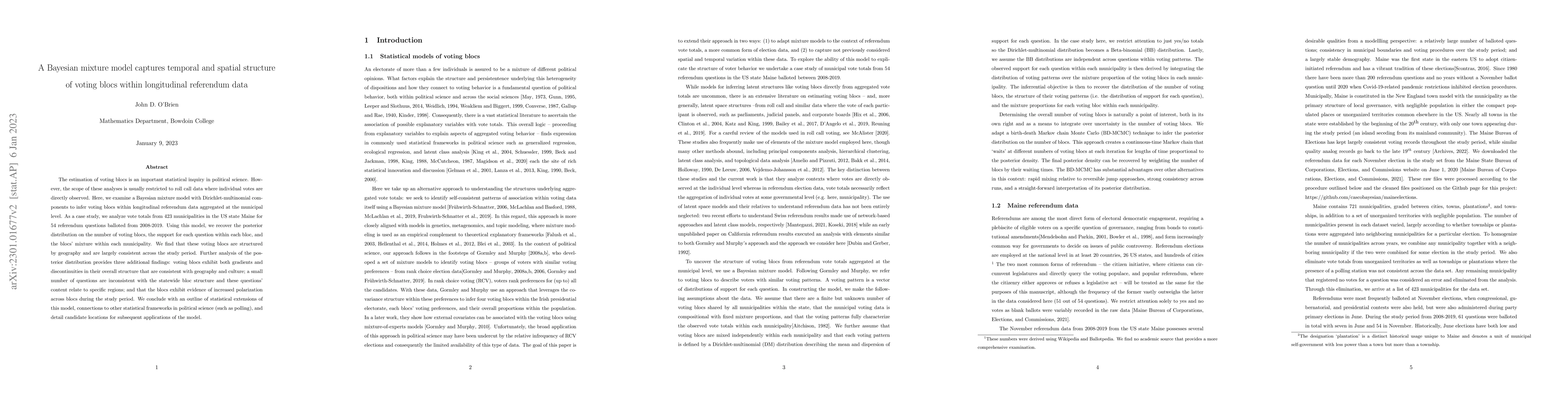 Thumbnail for A Bayesian mixture model captures temporal and spatial structure of
  voting blocs within longitudinal referendum data