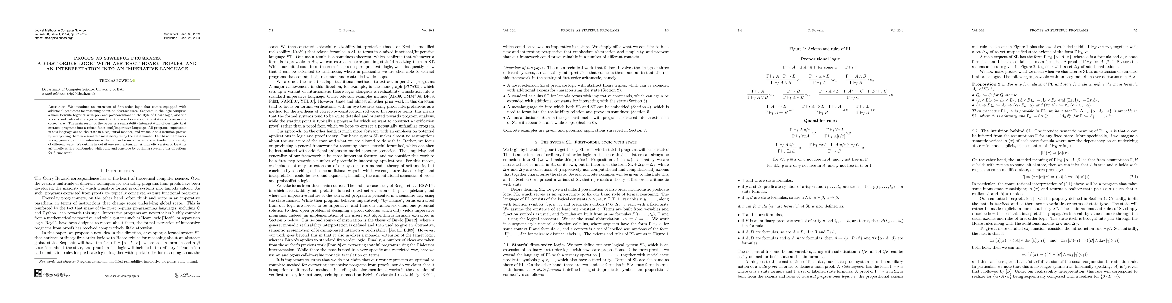 Thumbnail for Proofs as stateful programs: A first-order logic with abstract Hoare
  triples, and an interpretation into an imperative language