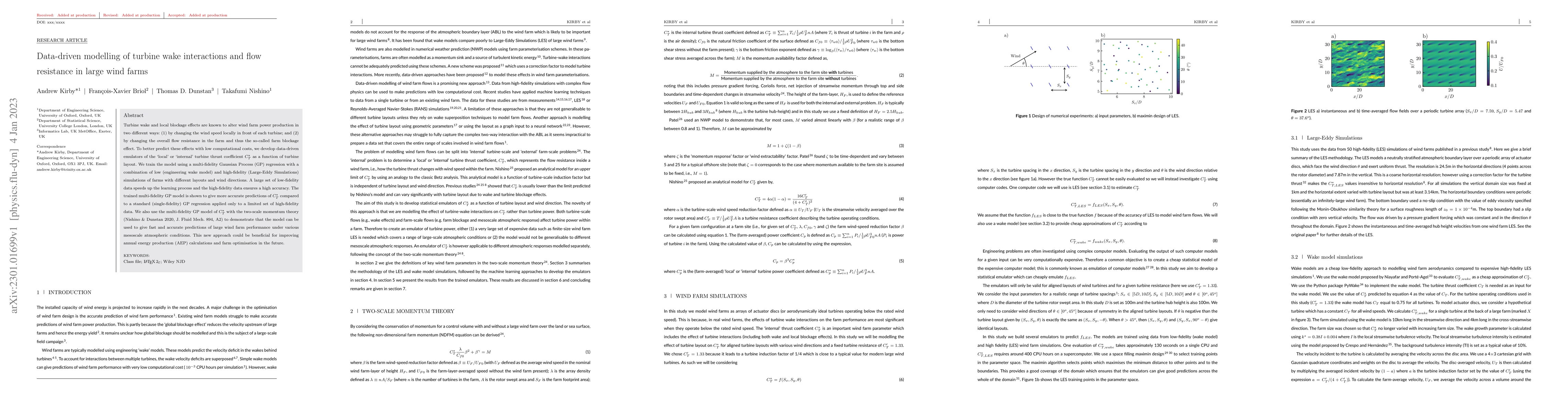 Thumbnail for Data-driven modelling of turbine wake interactions and flow resistance
  in large wind farms
