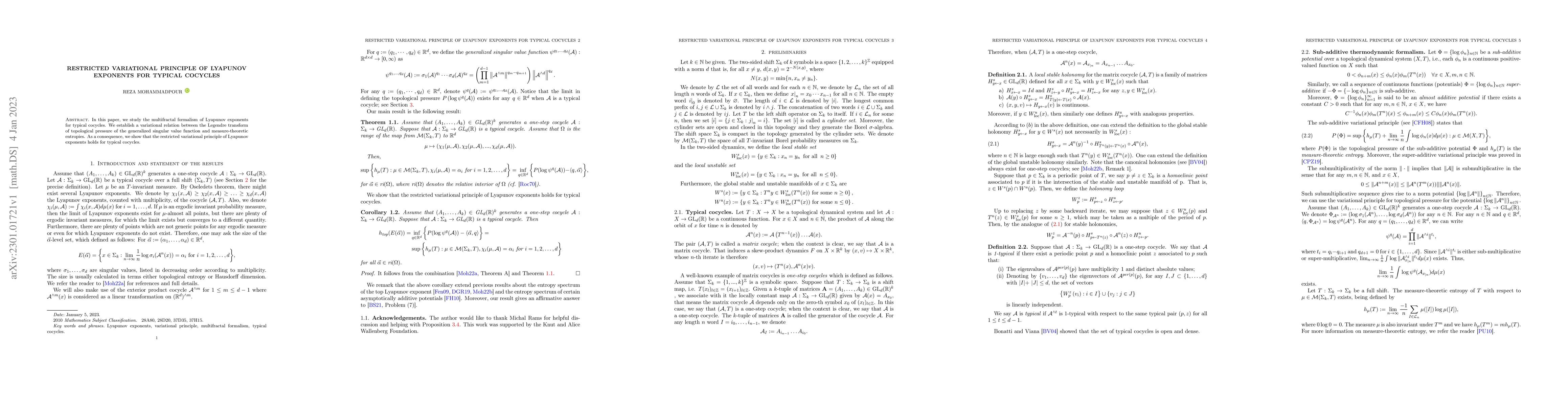 Thumbnail for Restricted variational principle of Lyapunov exponents for typical
  cocycles
