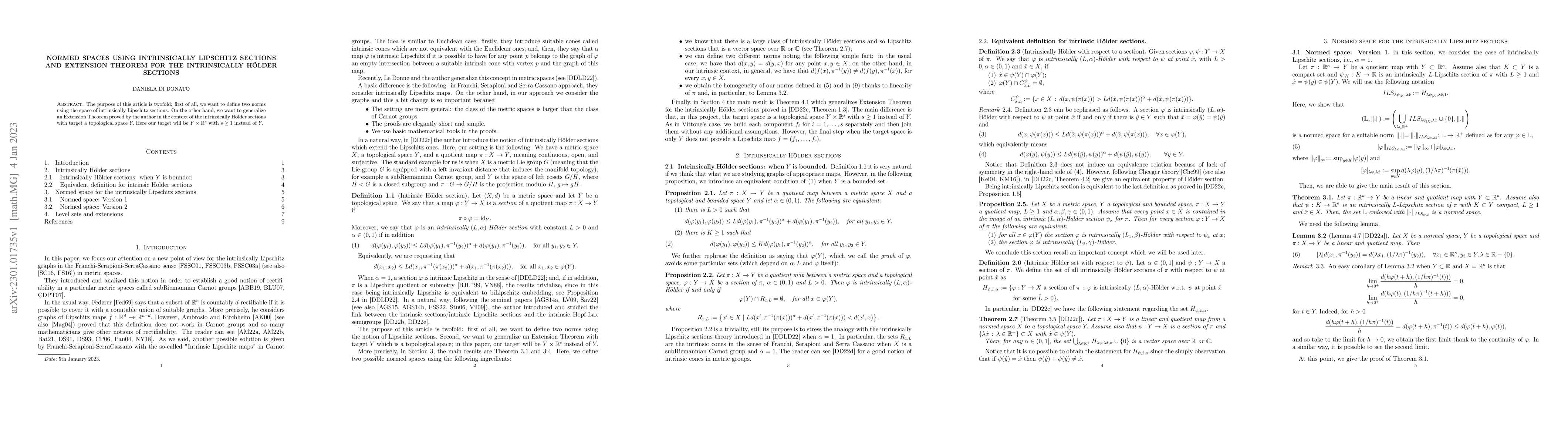 Thumbnail for Normed spaces using intrinsically Lipschitz sections and Extension
  Theorem for the intrinsically H\"older sections