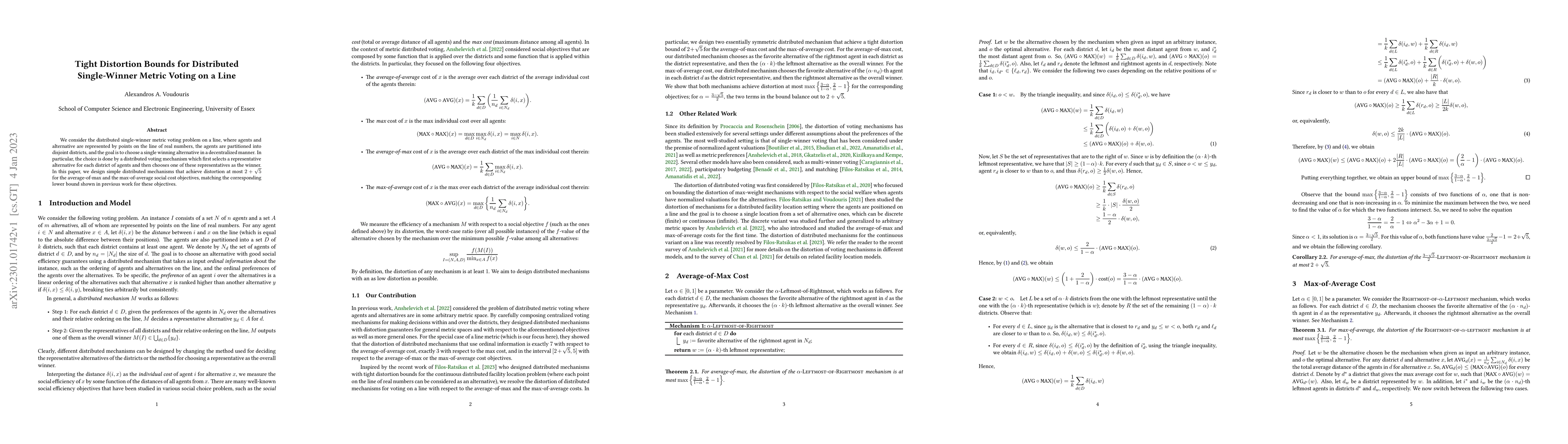 Thumbnail for Tight Distortion Bounds for Distributed Single-Winner Metric Voting on a
  Line