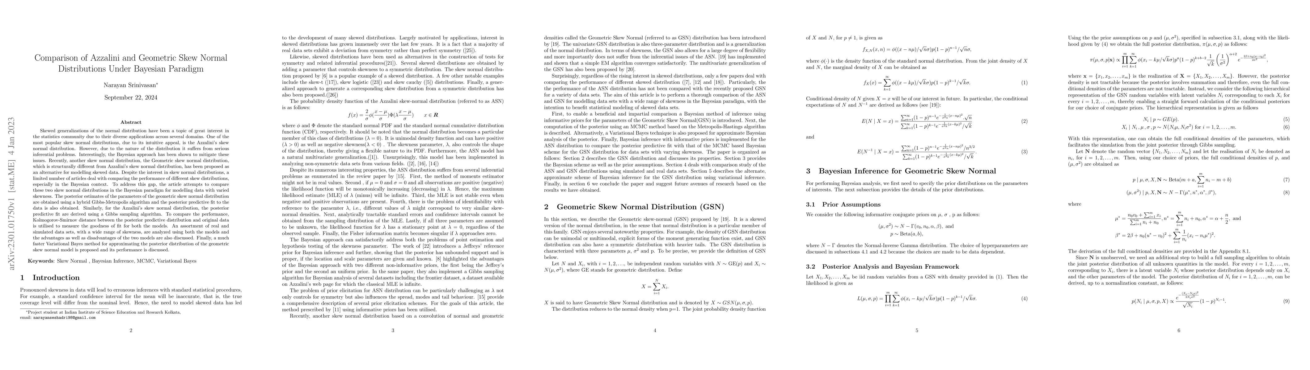 Thumbnail for Comparison of Azzalini and Geometric Skew Normal Distributions Under
  Bayesian Paradigm