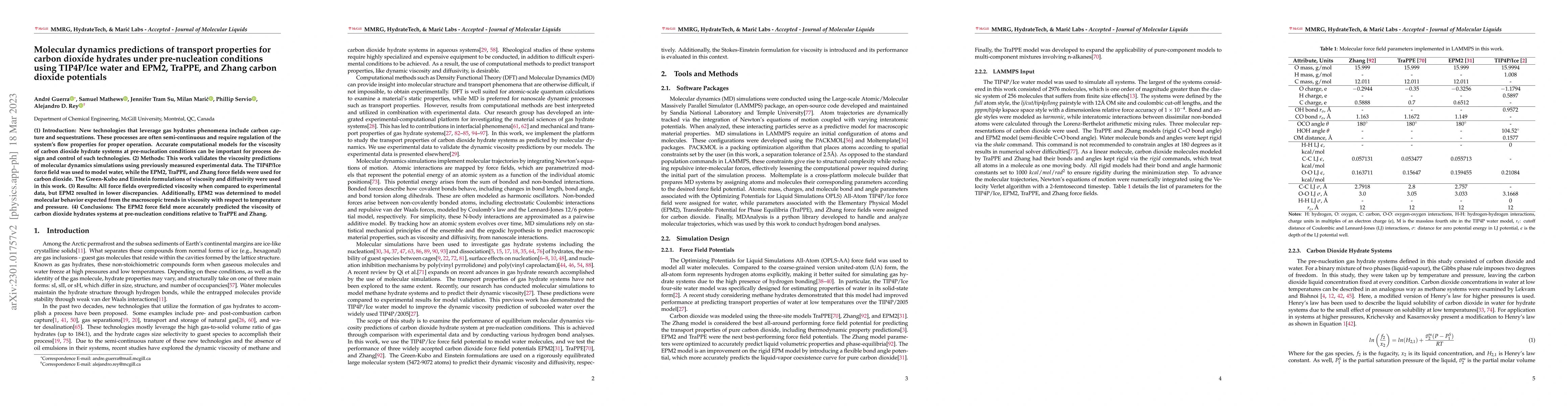 Thumbnail for Molecular dynamics predictions of transport properties for carbon
  dioxide hydrates under pre-nucleation conditions using TIP4P/Ice water and
  EPM2, TraPPE, and Zhang carbon dioxide potentials