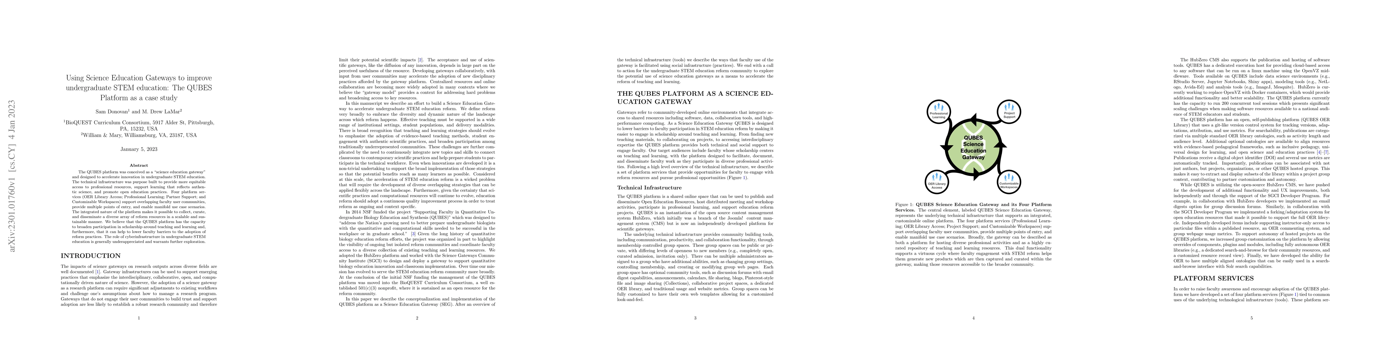 Thumbnail for Using Science Education Gateways to improve undergraduate STEM
  education: The QUBES Platform as a case study