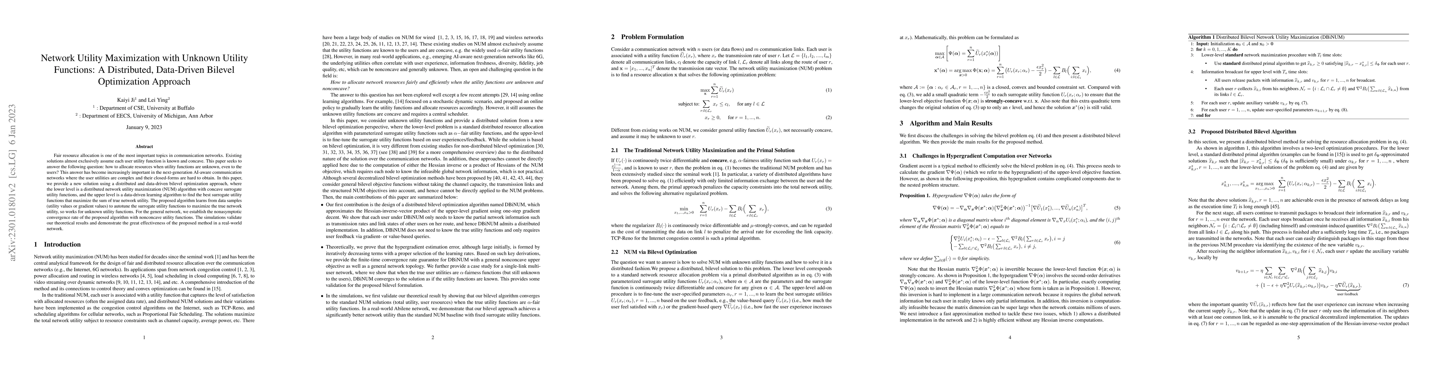 Thumbnail for Network Utility Maximization with Unknown Utility Functions: A
  Distributed, Data-Driven Bilevel Optimization Approach